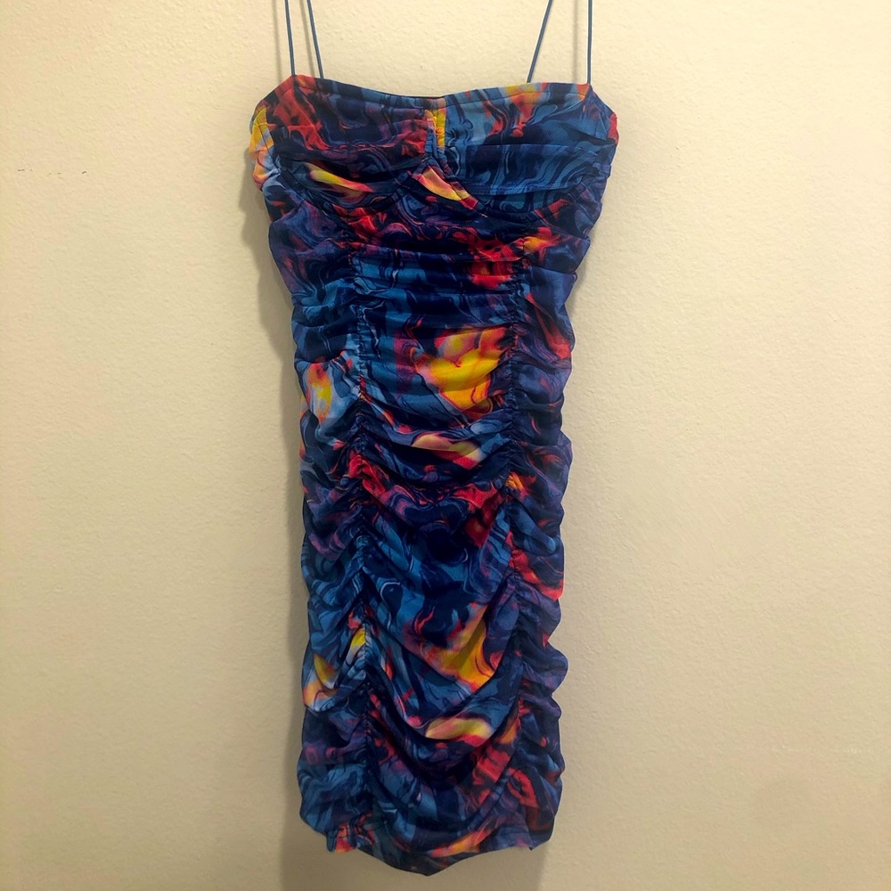 Purple Print Mesh Cup Detail Ruched Bodycon Dress